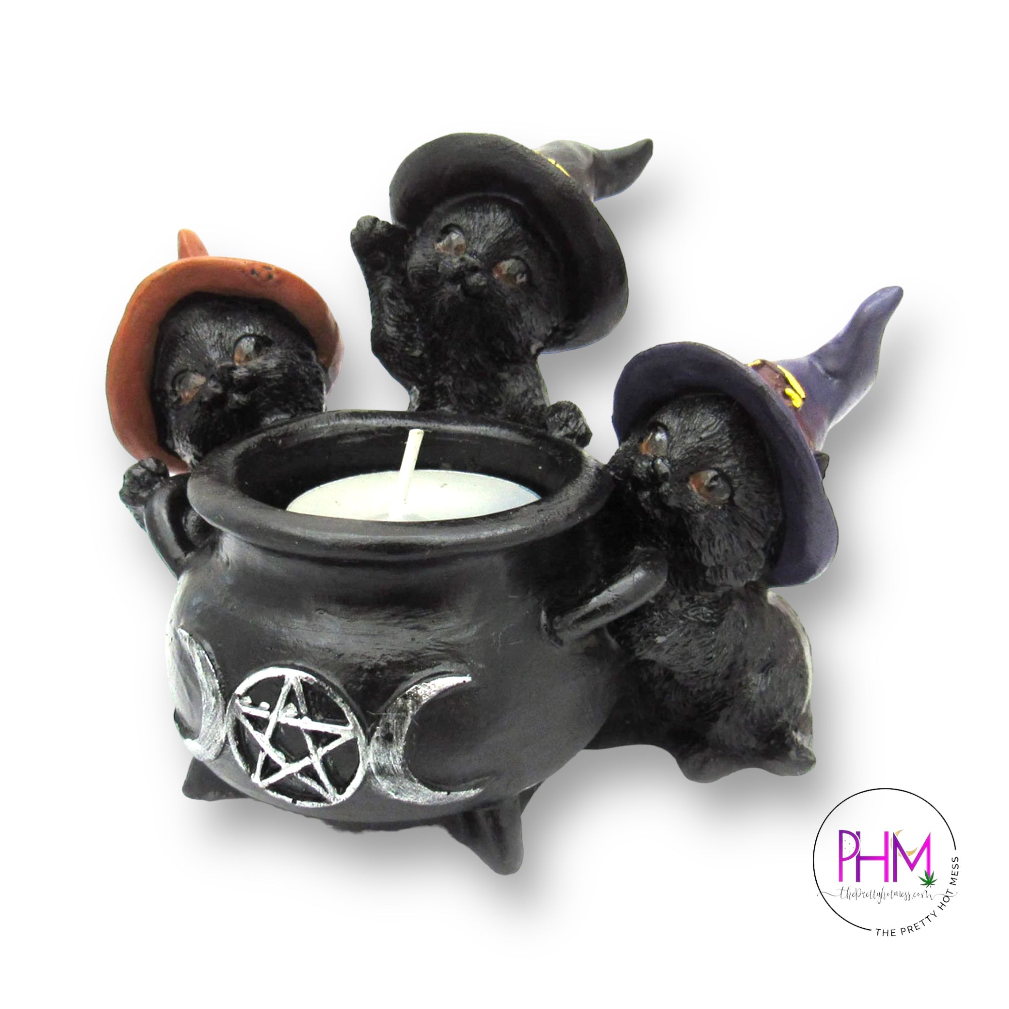 •Bewitched Black Cat Cauldron Candle Holder