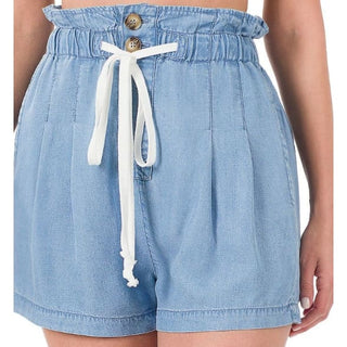 Malibu Chambray High Waist Mom Shorts 🪬 - Small / Light Blue