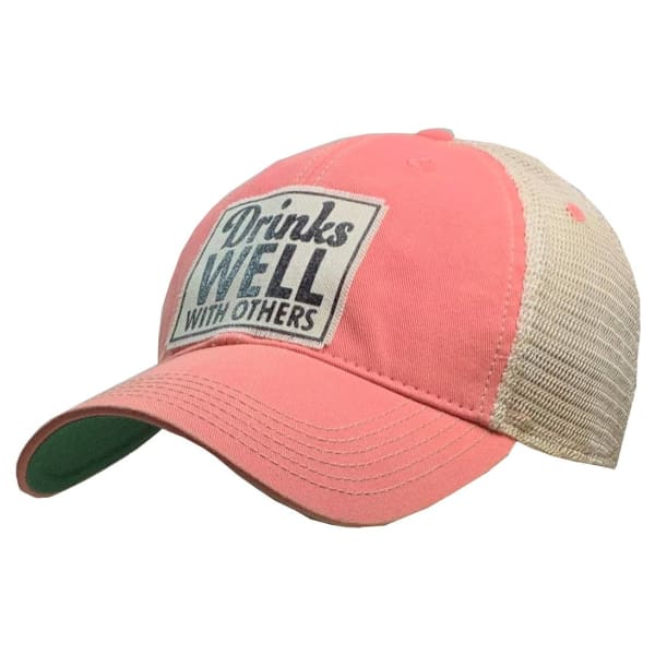 Drinks Well With Others Distressed Trucker Hat - Coral Done