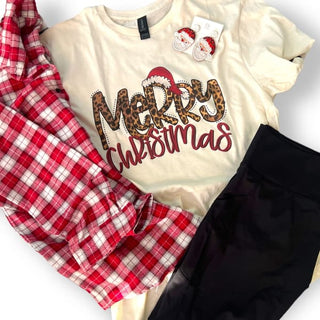 Merry Christmas Leopard Print Graphic Tee - T shirt