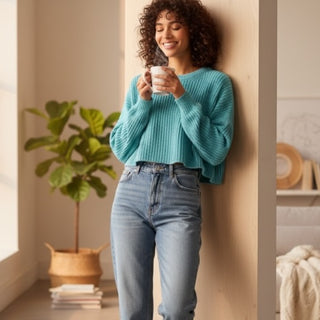 Spring Fling Cropped Knit Teal Sweater 🦋✨