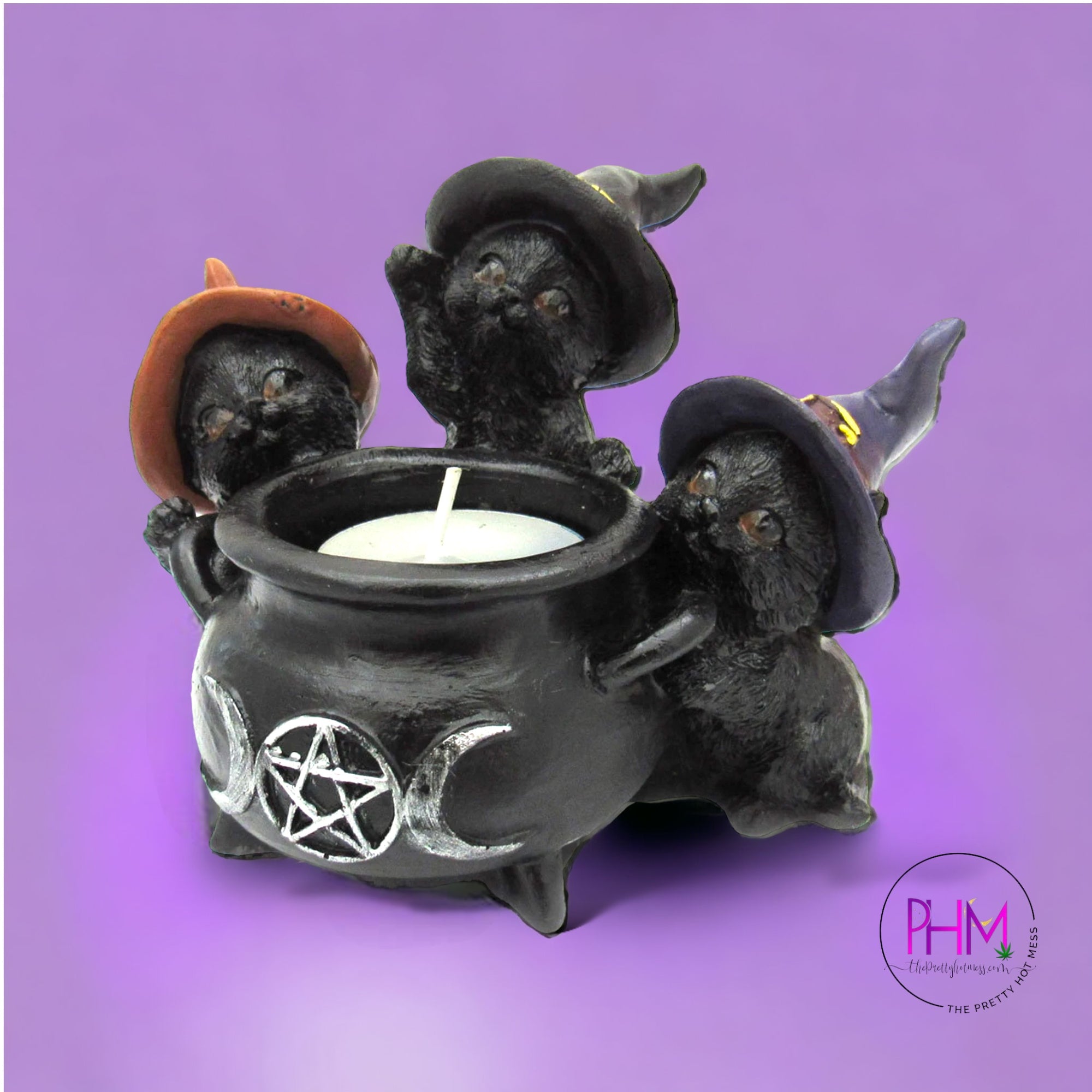 3 Witchy Cats Cauldron Candleholder