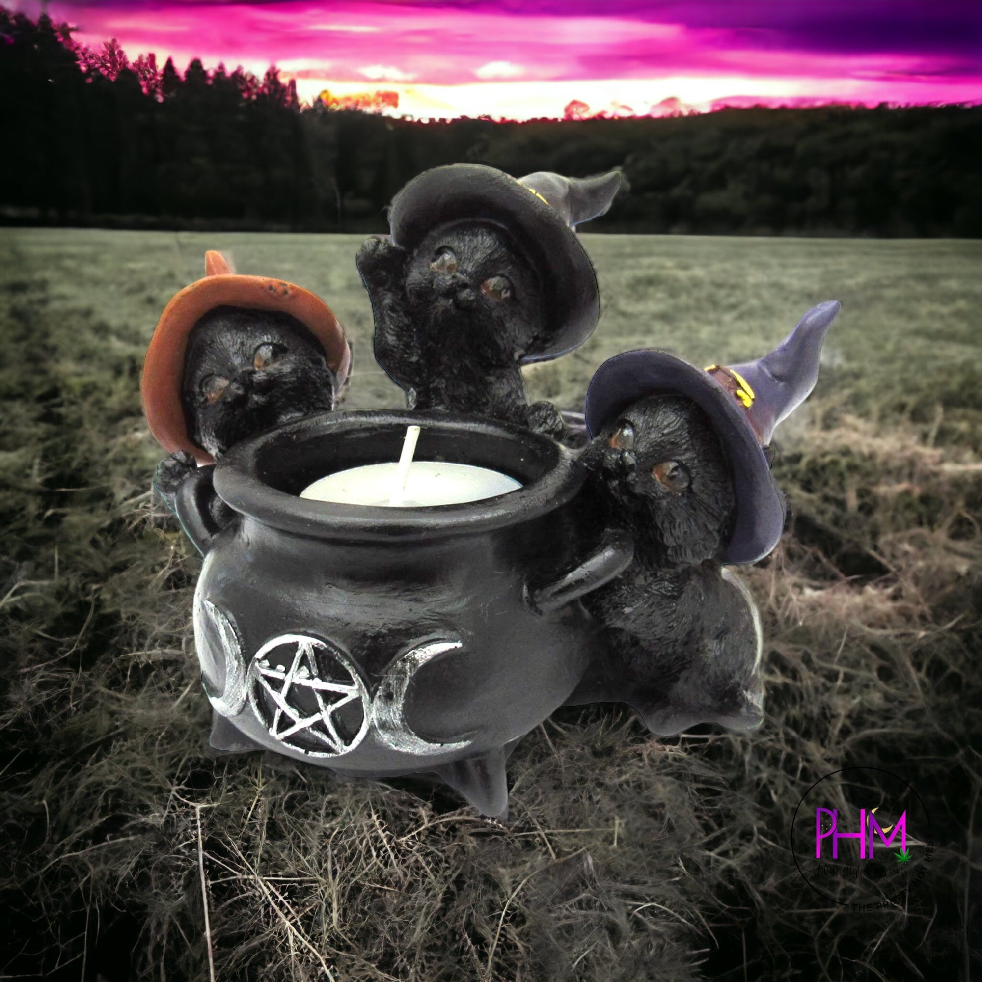 •Bewitched Black Cat Cauldron Candle Holder