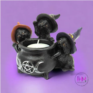 •Bewitched Black Cat Cauldron Candle Holder - candle holders