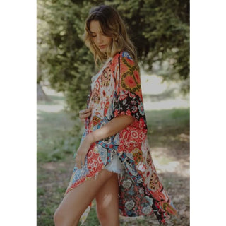 Boho Gypsy Floral Patchwork Kimono - Clothing