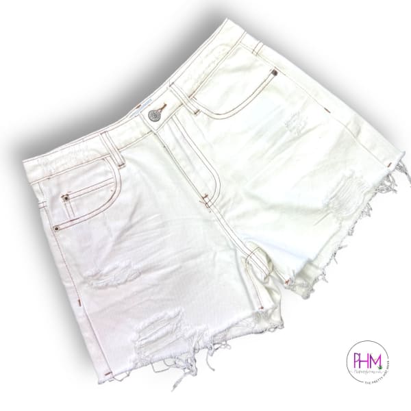 Boho Vibes White Distressed Denim Shorts 💫