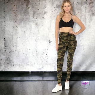 Buttery Soft Green Camo Yoga Band Leggings