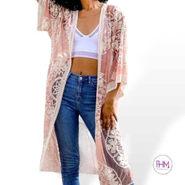 •Free Spirit Lace Kimono - Rose - Clothing