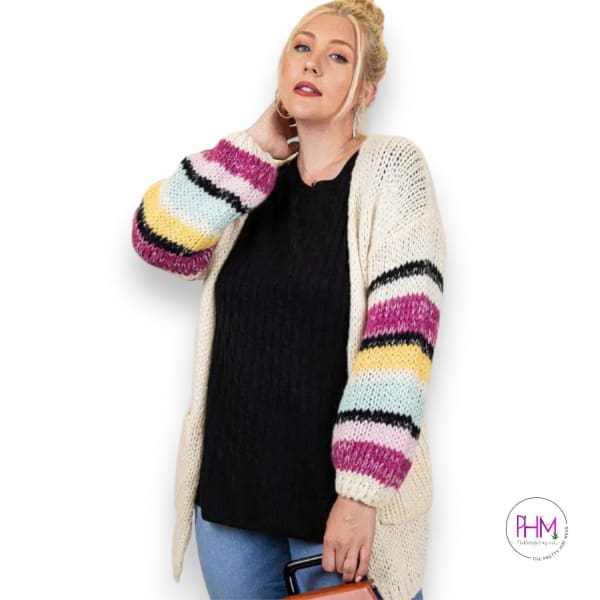 Open Front Striped Sleeve Accent Cozy Cardigan - Sweater
