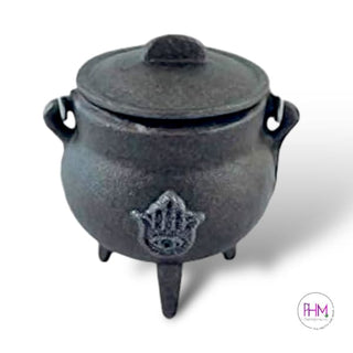 Stay Away Evil Hamsa Cast Iron Cauldron with Lid 🪬 - Cauldon